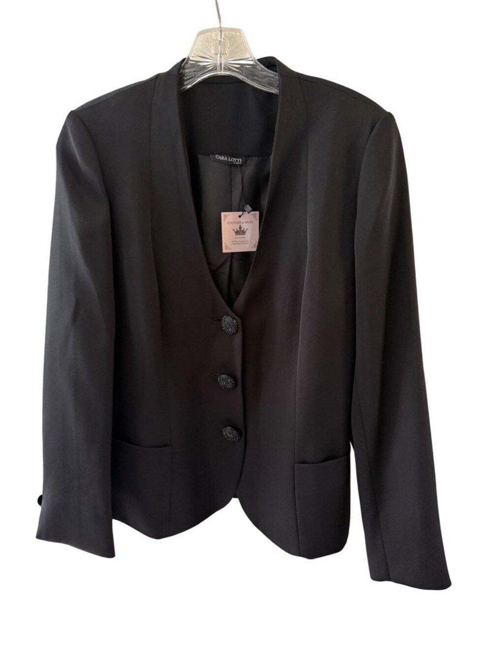 VTG Cara Lotti Black Collarless Tailored Blazer Wool Blend FR 42 US 10 NWT - Picture 1 of 7